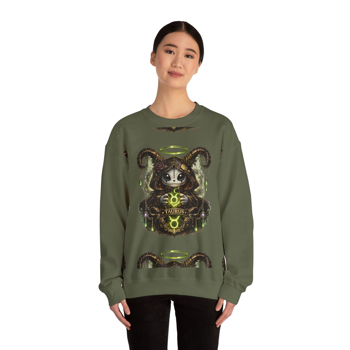 Taurus Dark Cute Goat Spirit Illustration Sweatshirt | Occult, Neon Green Zodiac
