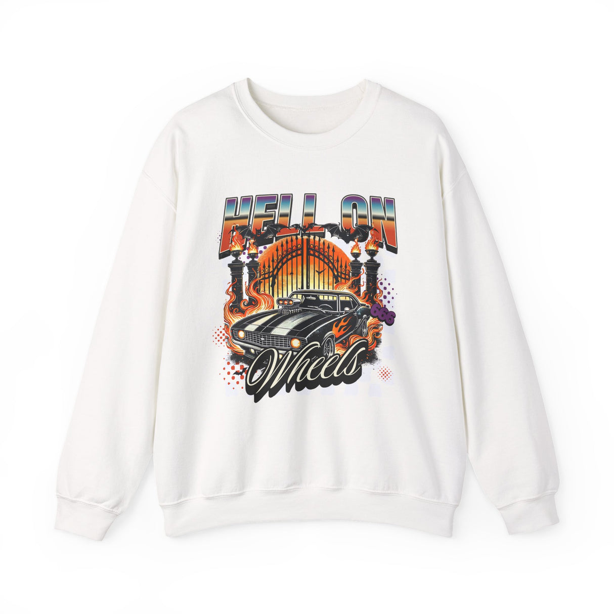 Hell on Wheels car graphic Sweatshirt | retro muscle car, flaming gates, vintage racing
