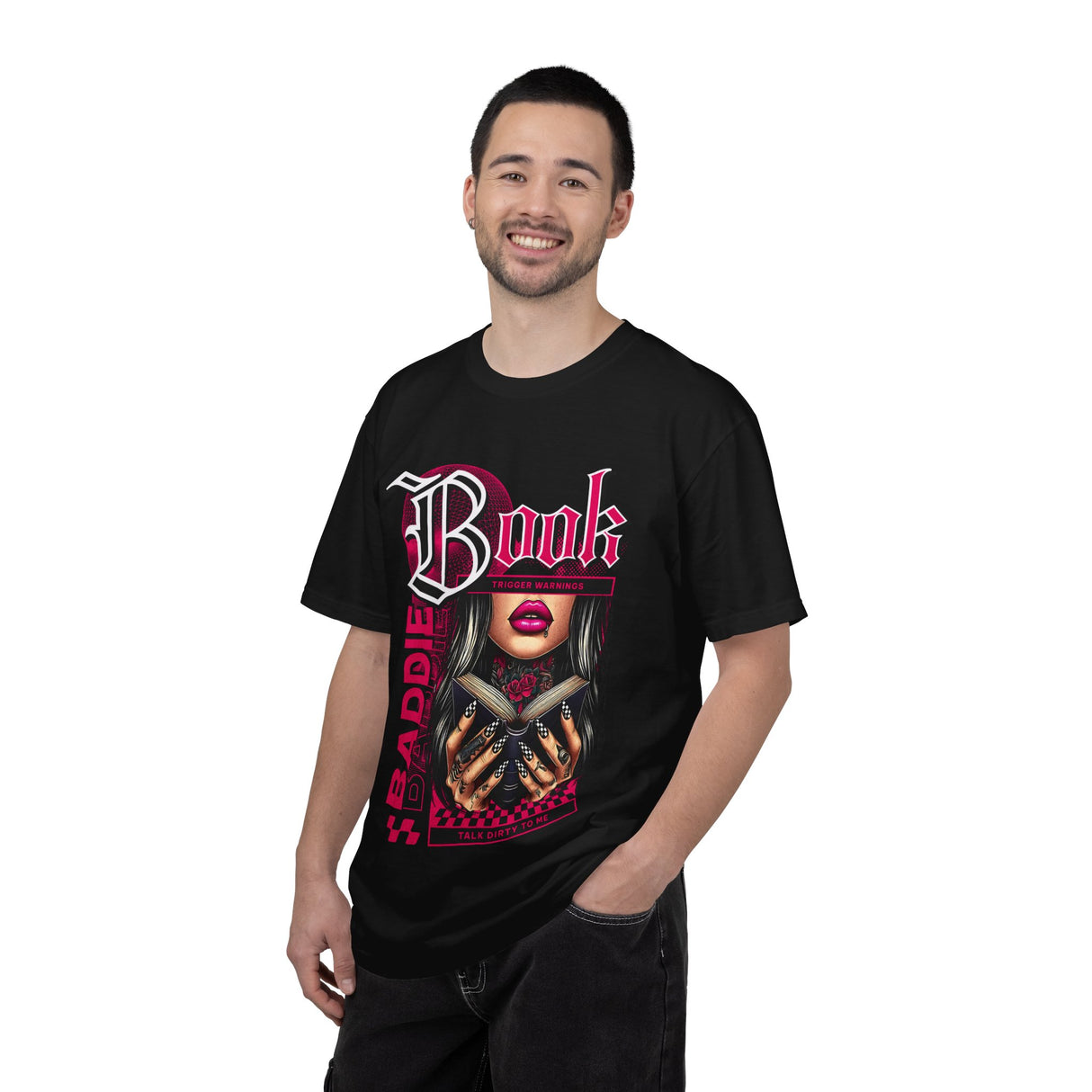Baddie Book Graphic T-Shirt | Gothic Lip Art, Reading Girl Design