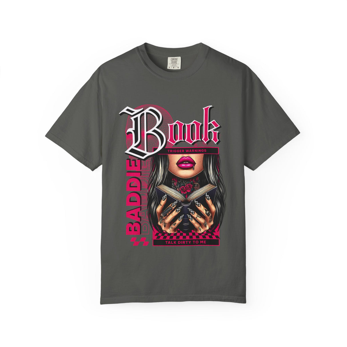Baddie Book Graphic T-Shirt | Gothic Lip Art, Reading Girl Design