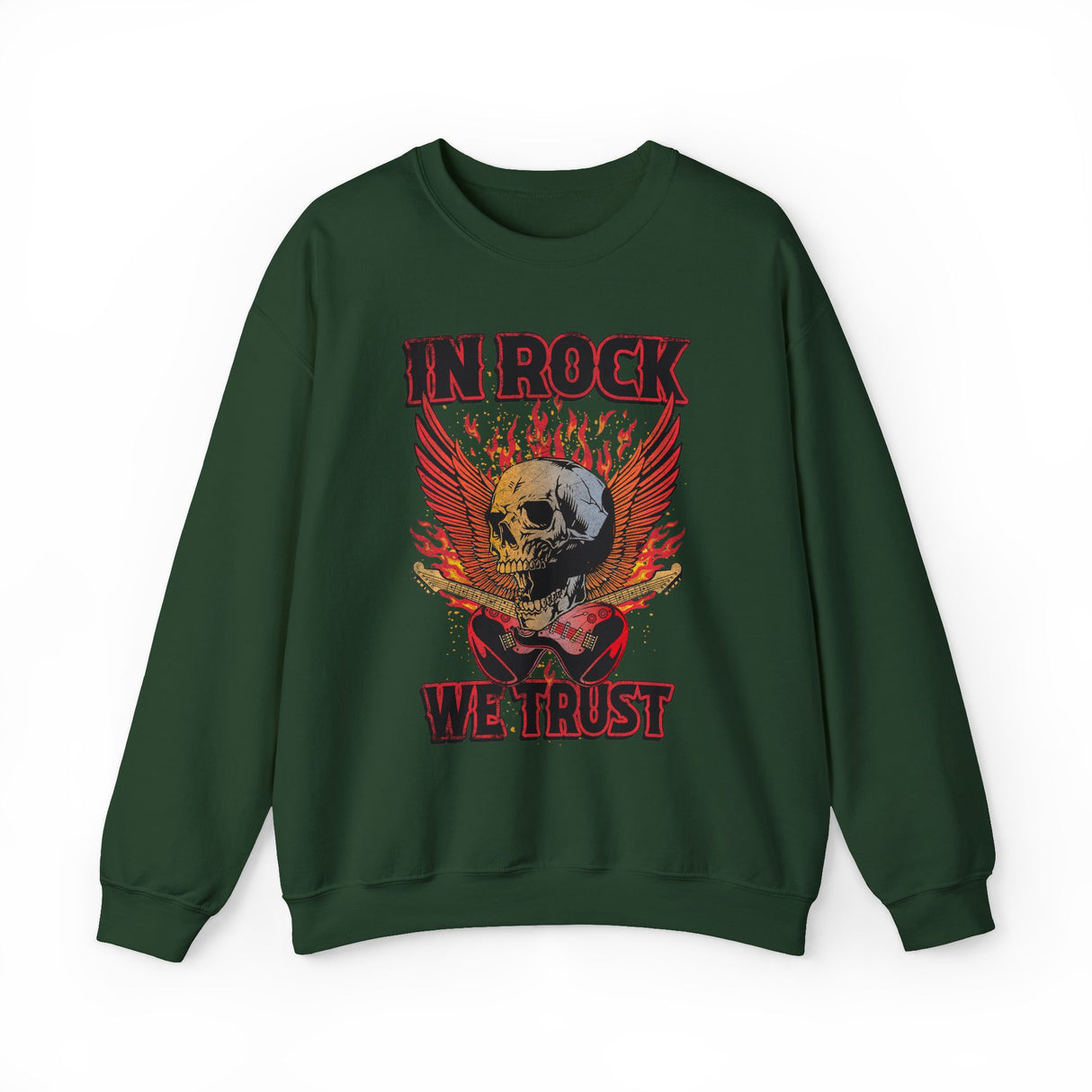 In Rock We Trust Skull with Flaming Wings Crewneck Sweatshirt | Rock Music Tee