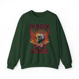 In Rock We Trust Skull with Flaming Wings Crewneck Sweatshirt | Rock Music Tee
