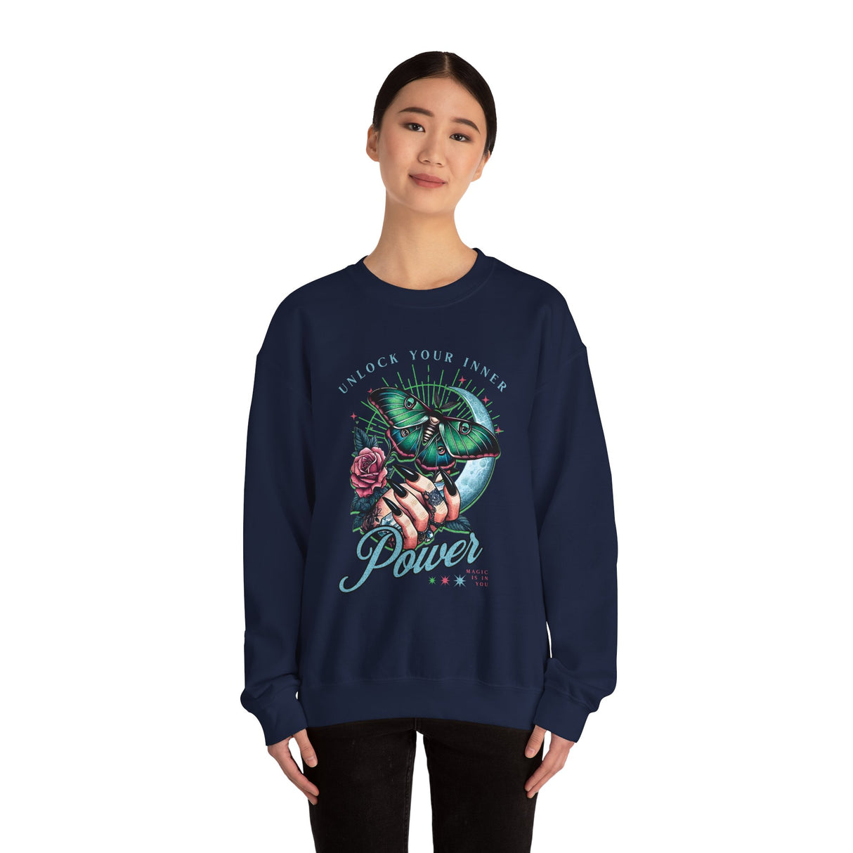 Unlock Your Inner Power crewneck sweatshirt | Moth, rose, moon illustration
