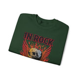 In Rock We Trust Skull with Flaming Wings Crewneck Sweatshirt | Rock Music Tee