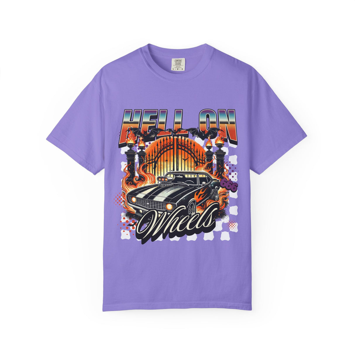 Hell on Wheels car graphic T-Shirt | vintage muscle car, gate and flames
