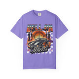 Hell on Wheels car graphic T-Shirt | vintage muscle car, gate and flames
