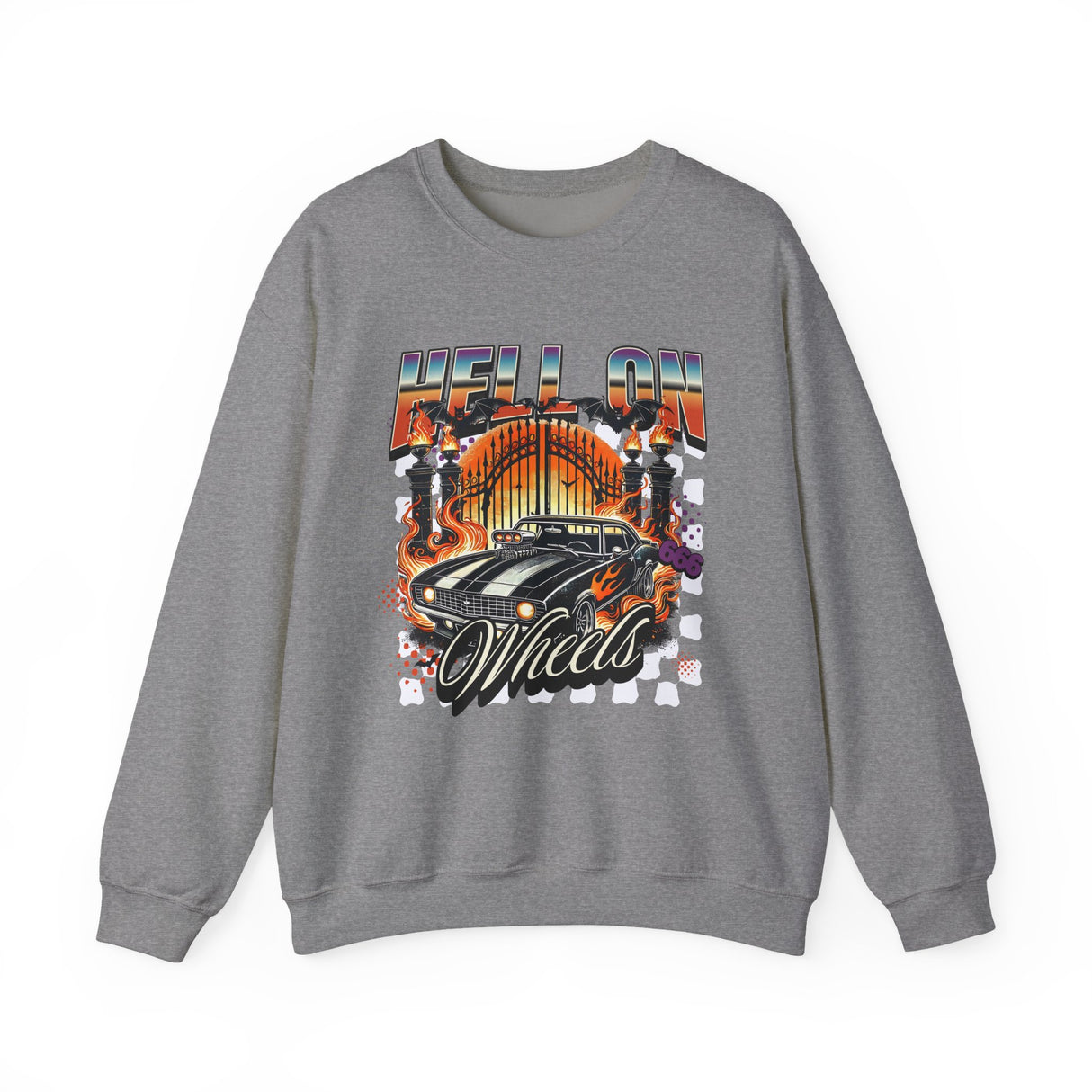 Hell on Wheels car graphic Sweatshirt | retro muscle car, flaming gates, vintage racing
