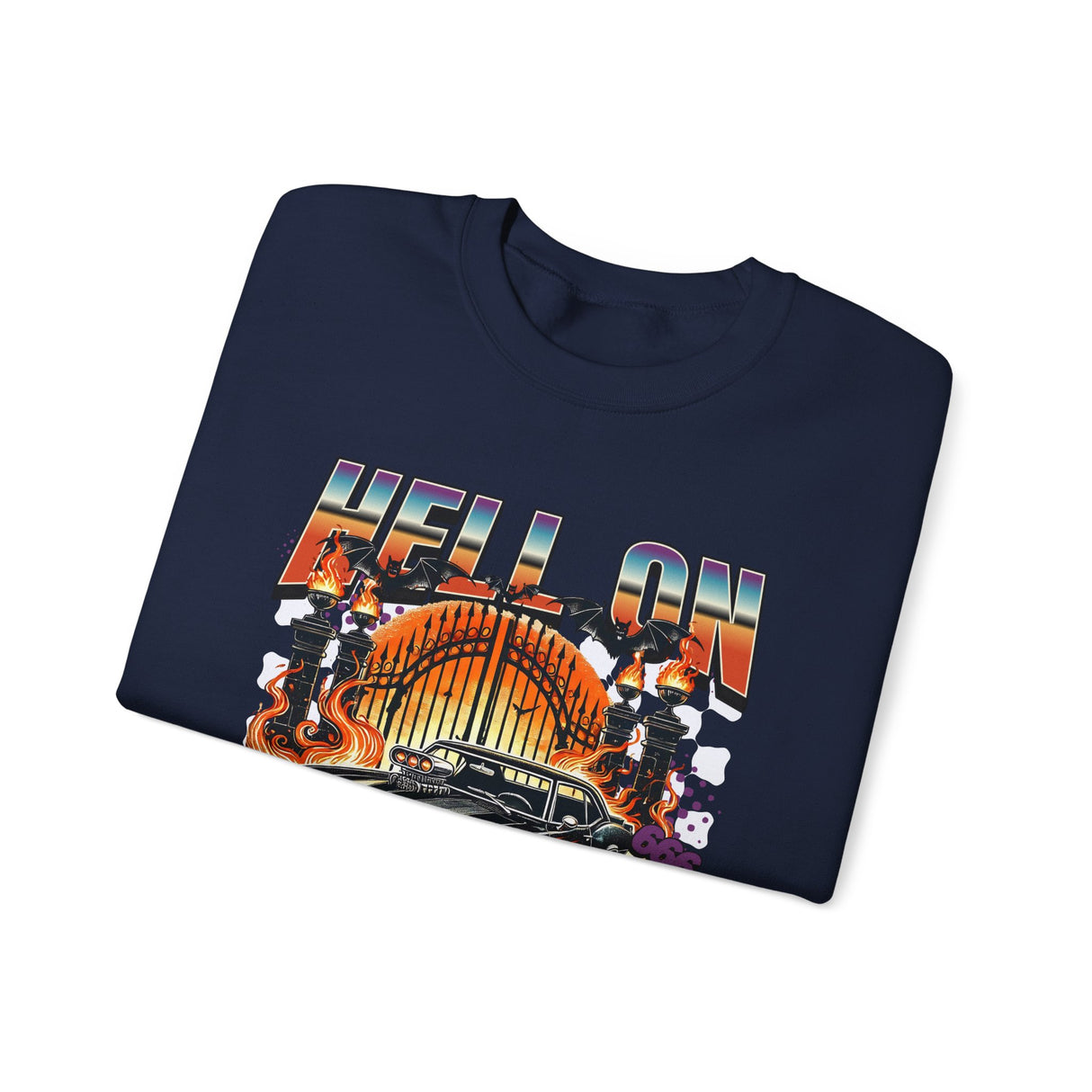Hell on Wheels car graphic Sweatshirt | retro muscle car, flaming gates, vintage racing
