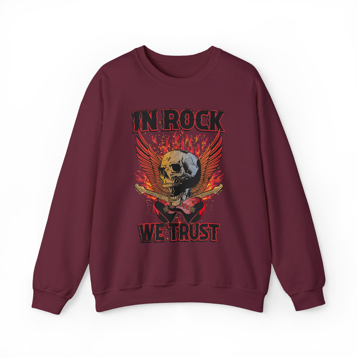 In Rock We Trust Skull with Flaming Wings Crewneck Sweatshirt | Rock Music Tee