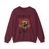 In Rock We Trust Skull with Flaming Wings Crewneck Sweatshirt | Rock Music Tee