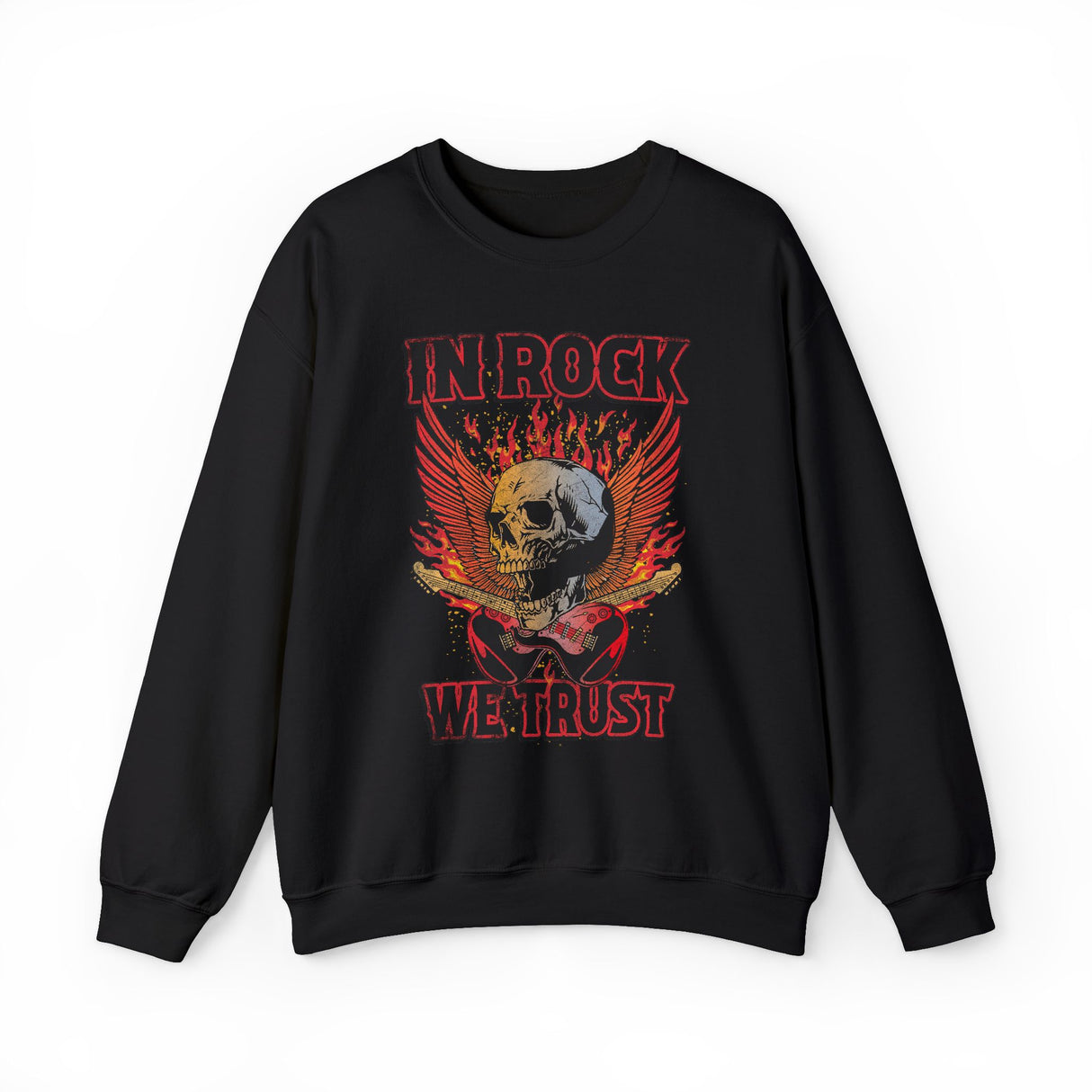 In Rock We Trust Skull with Flaming Wings Crewneck Sweatshirt | Rock Music Tee
