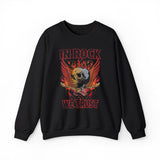 In Rock We Trust Skull with Flaming Wings Crewneck Sweatshirt | Rock Music Tee