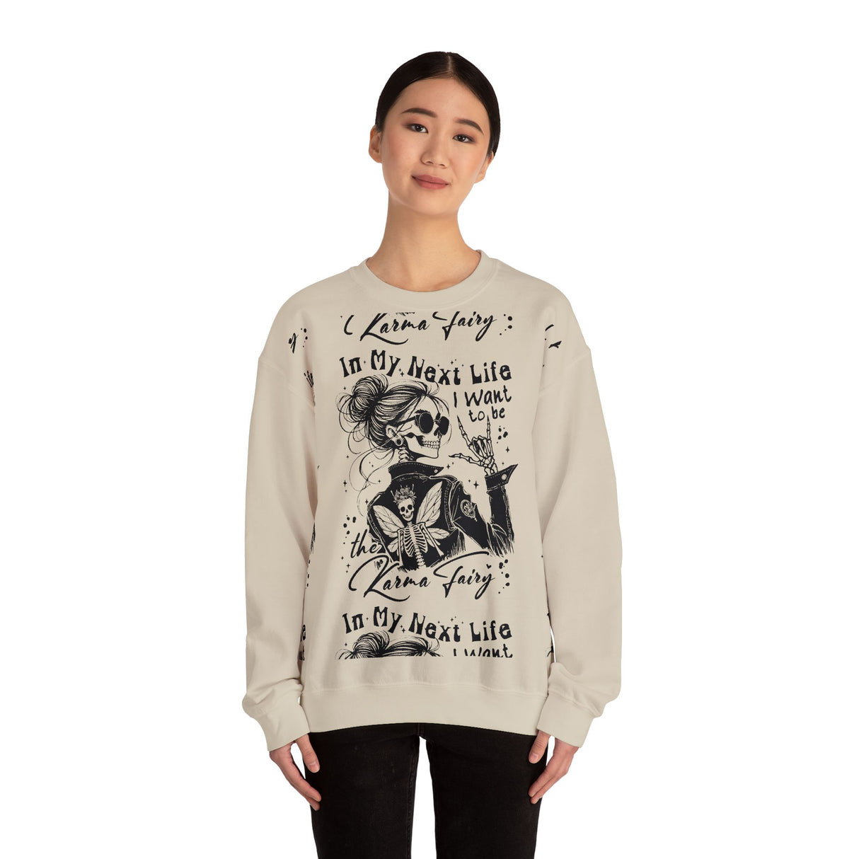 Karma Fairy Skeleton Illustration Crewneck Sweatshirt | Goth Skull Art, Boho Butterfly