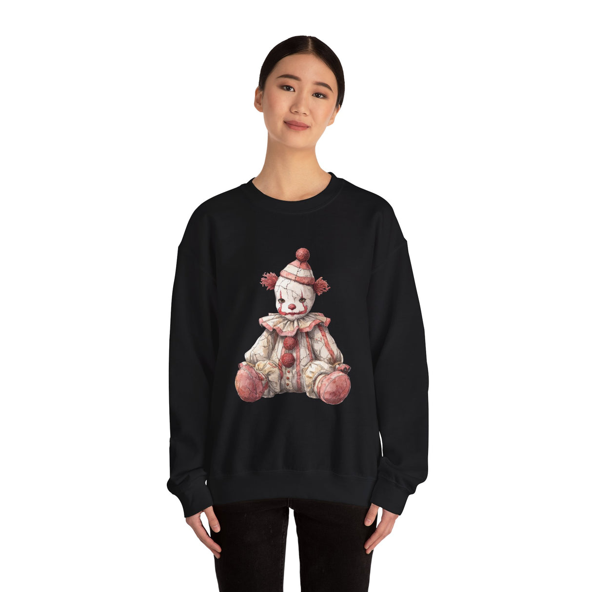 Vintage Rag Doll Clown Sweatshirt | Cute Sitting Clown Illustration