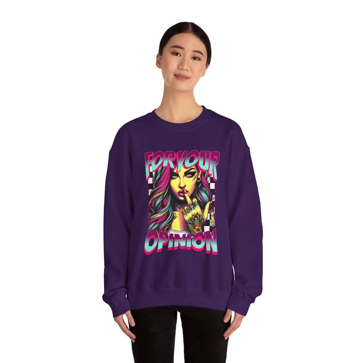 For Your Opinion graphic crewneck, edgy neon girl illustration