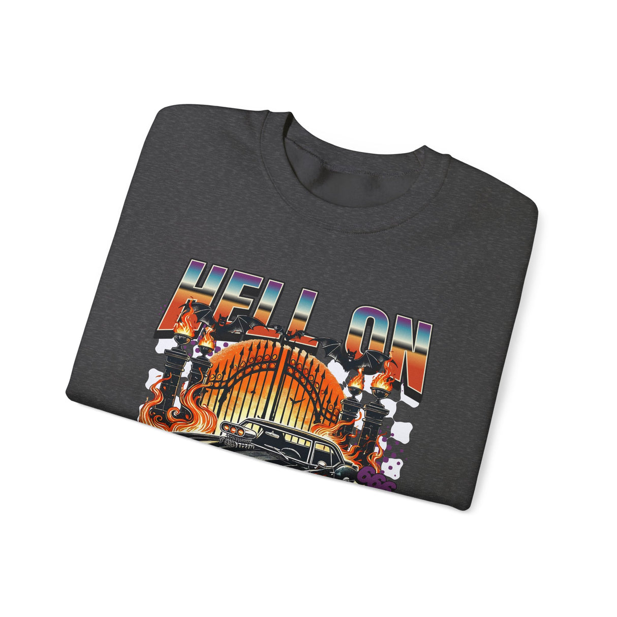 Hell on Wheels car graphic Sweatshirt | retro muscle car, flaming gates, vintage racing