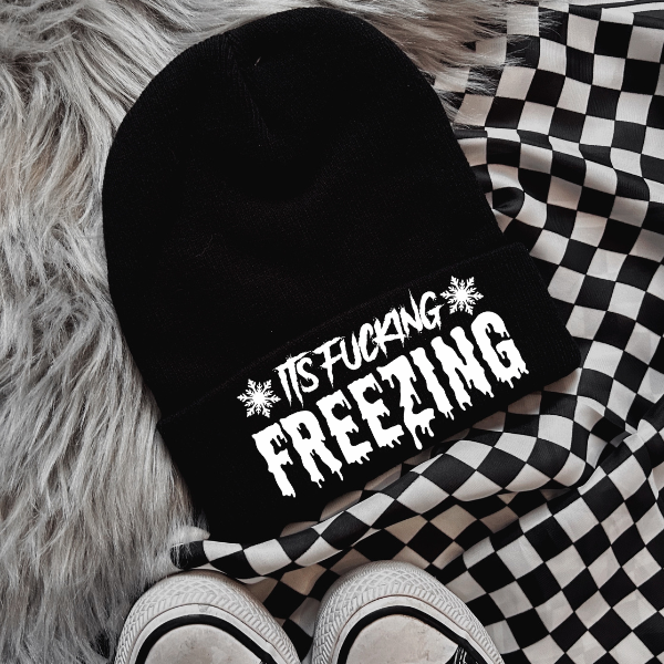 It Is Fuc$ing Freezing Faux Patch Black or Neon Pink Beanie