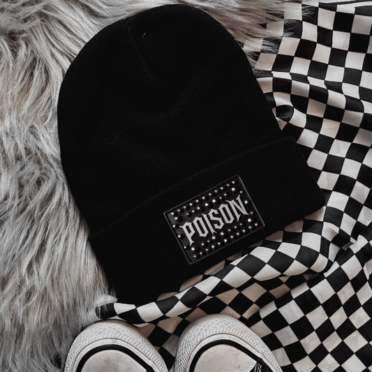 Poison Faux Patch Black or Neon Pink Beanie