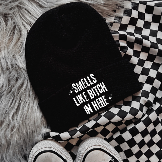 Smells Like Bitch In Here Faux Patch Black or Neon Pink Beanie