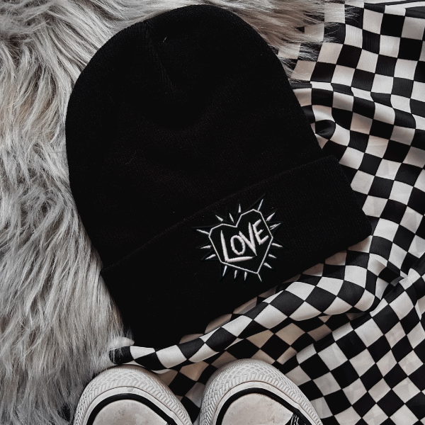 Love with Spikes Faux Patch Black or Neon Pink Beanie