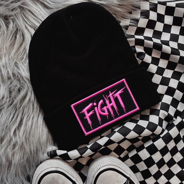 Fight (Pink Lettering) Faux Patch Black or Neon Pink Beanie