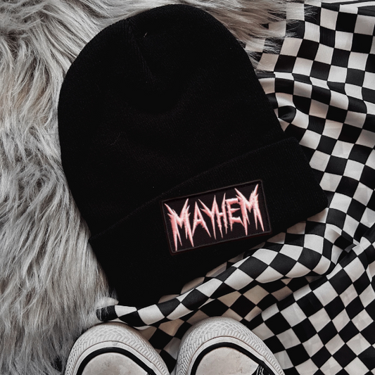 Mayhem (Pink Lettering) Faux Patch Black or Neon Pink Beanie