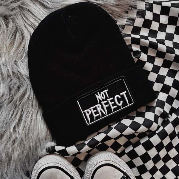 Not Perfect Faux Patch Black or Neon Pink Beanie (Copy)