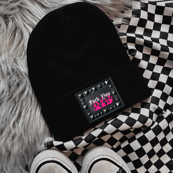 Fu&k You (Pink Lettering) Faux Patch Black or Neon Pink Beanie