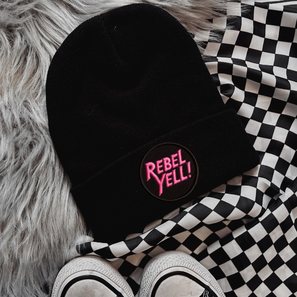 Rebel Yell Faux Patch Black or Neon Pink Beanie