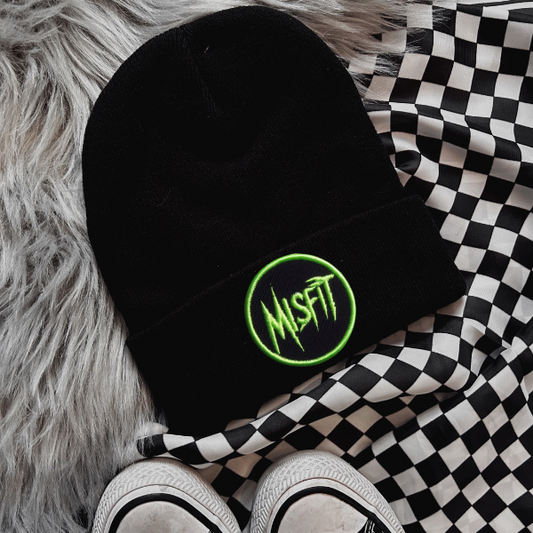 Misfit (Green Lettering)  Faux Patch Black or Neon Pink Beanie