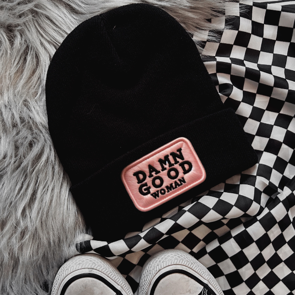 Damn Good Woman Faux Patch Black or Neon Pink Beanie