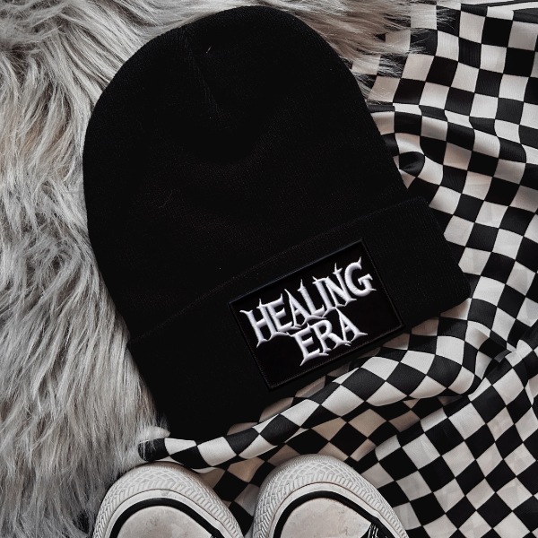 Healing Area Faux Patch Black or Neon Pink Beanie