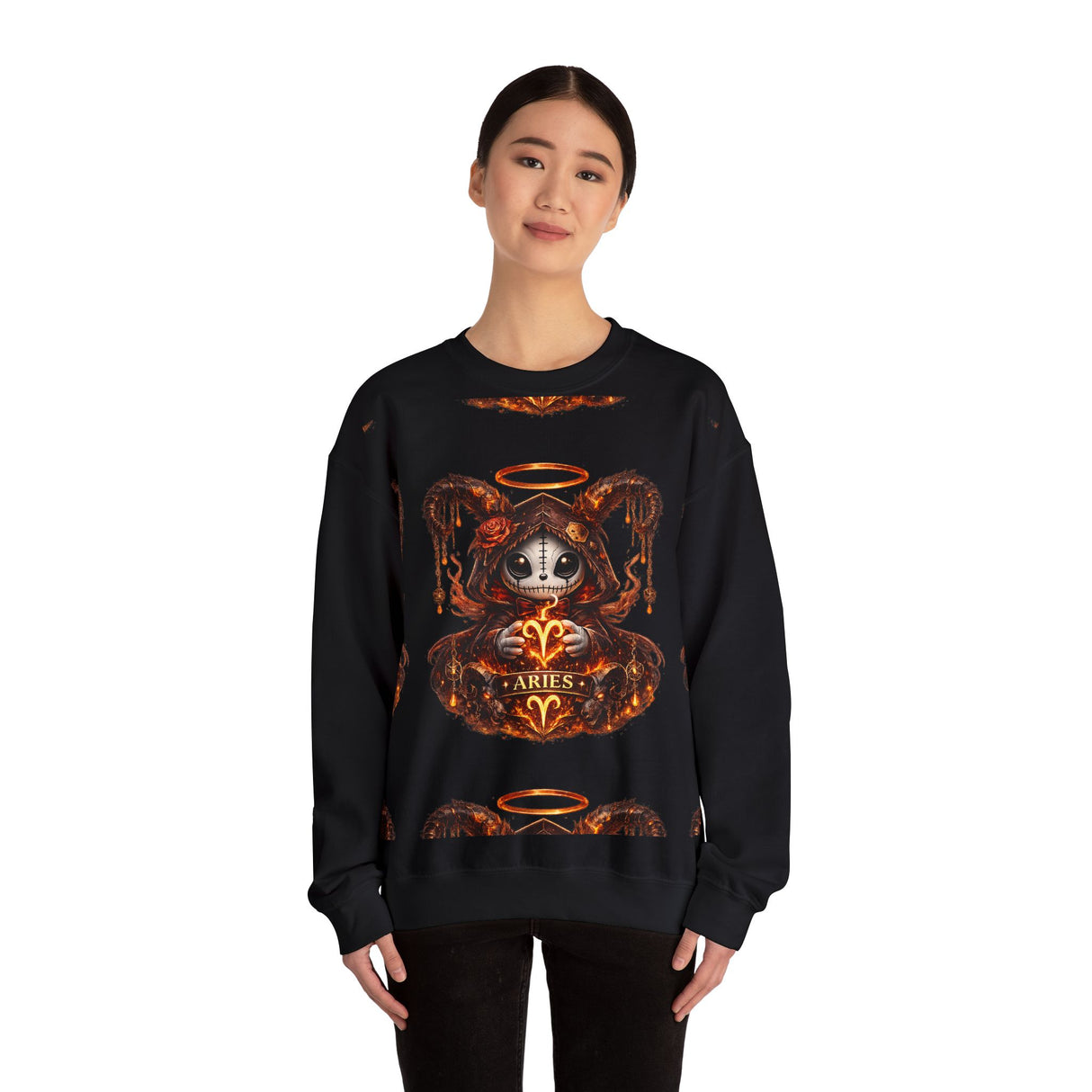 Aries Skull Mystic Illustration Sweatshirt | Zodiac Ram, Dark Angel Halo