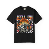 Hell on Wheels car graphic T-Shirt | vintage muscle car, gate and flames