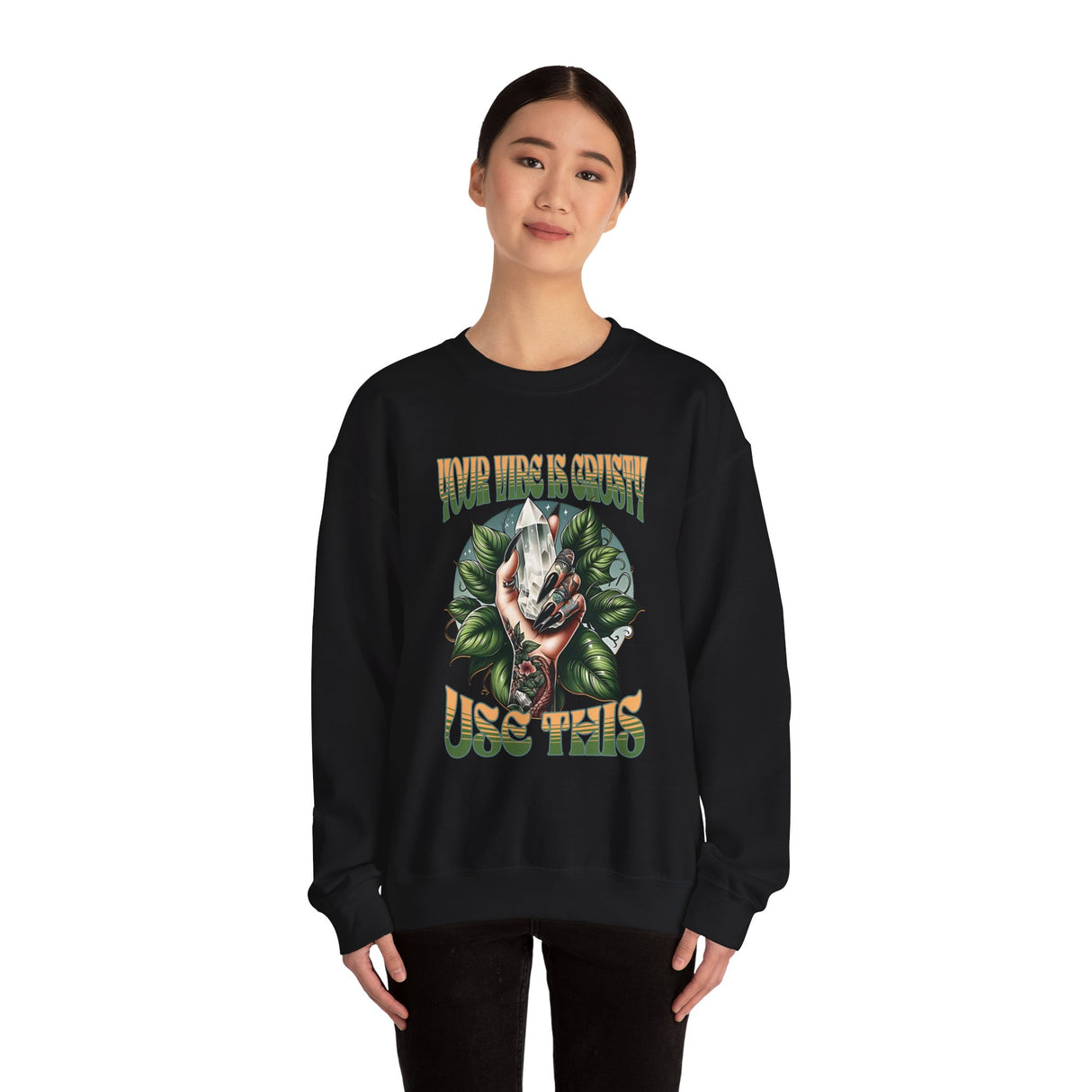 Your Vibe is Crusty, Use This Hand Holding Skull and Snake Crewneck Sweatshirt | Gothic Botanical Graphic