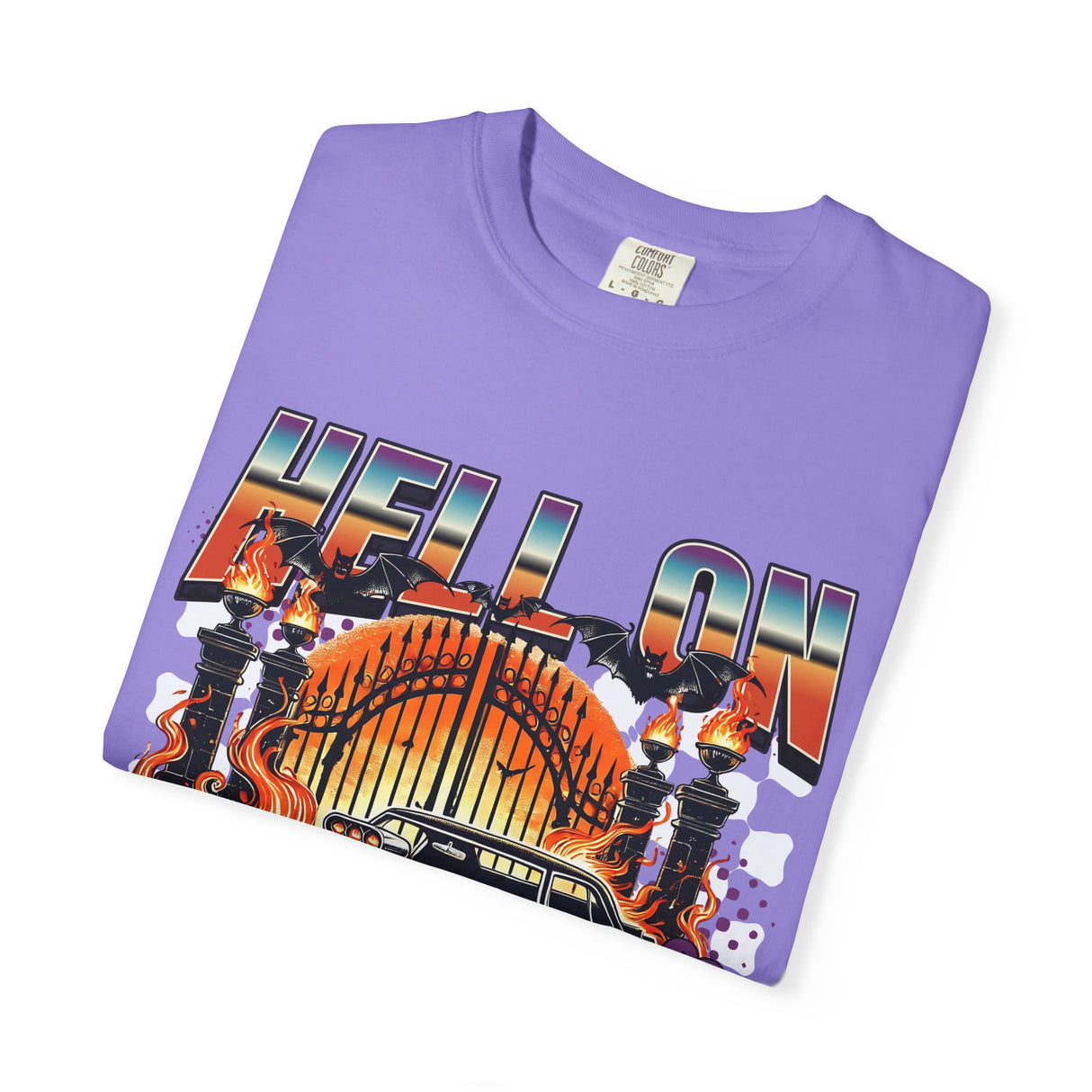 Hell on Wheels car graphic T-Shirt | vintage muscle car, gate and flames