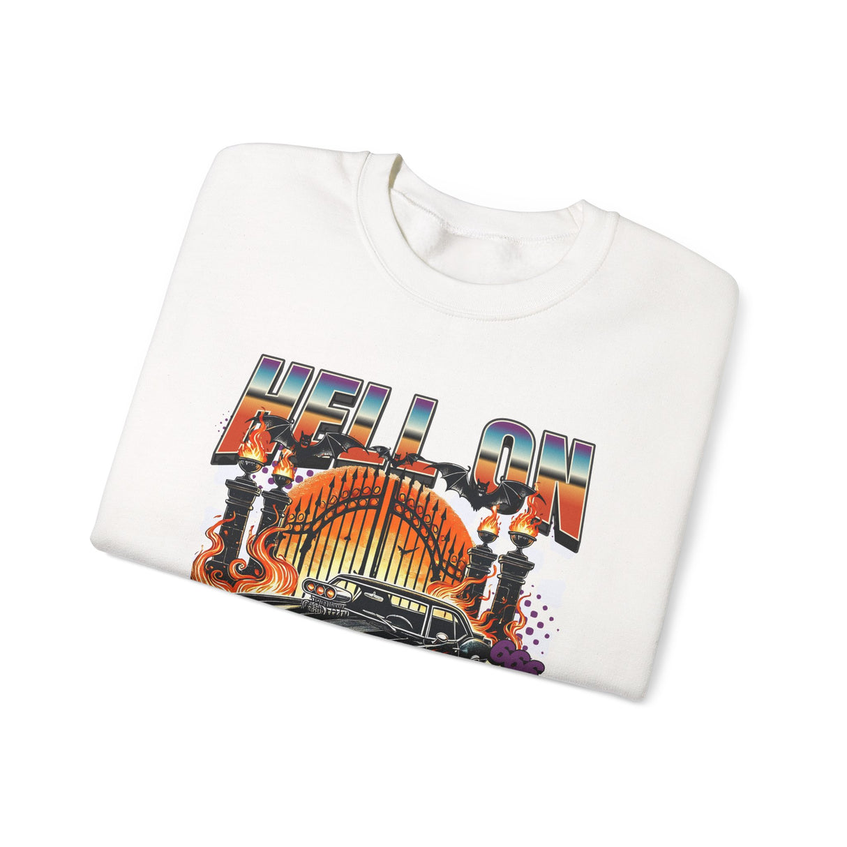 Hell on Wheels car graphic Sweatshirt | retro muscle car, flaming gates, vintage racing