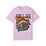 Hell on Wheels car graphic T-Shirt | vintage muscle car, gate and flames
