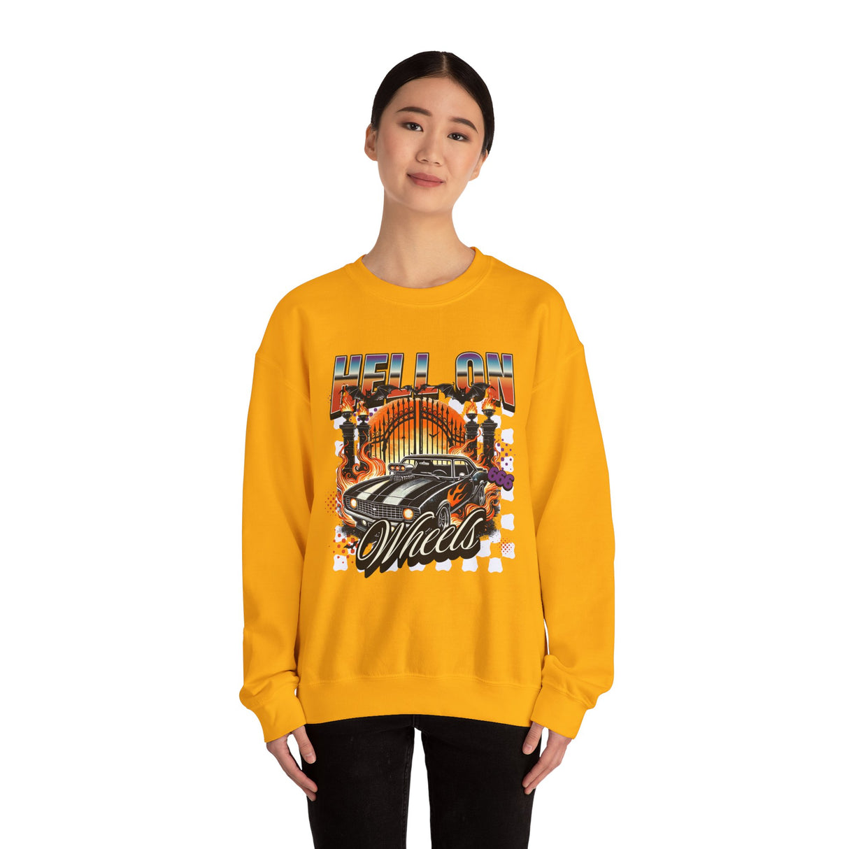Hell on Wheels car graphic Sweatshirt | retro muscle car, flaming gates, vintage racing