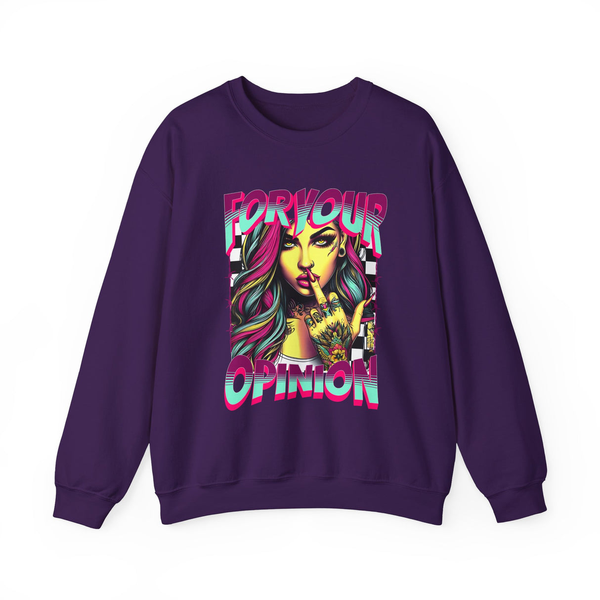 For Your Opinion graphic crewneck, edgy neon girl illustration