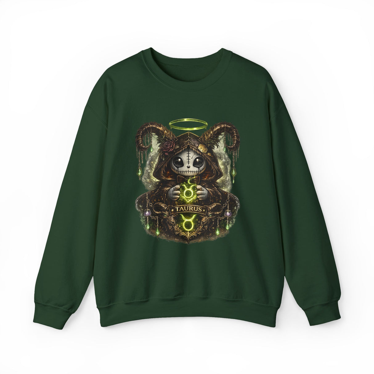 Taurus Dark Cute Goat Spirit Illustration Sweatshirt | Occult, Neon Green Zodiac