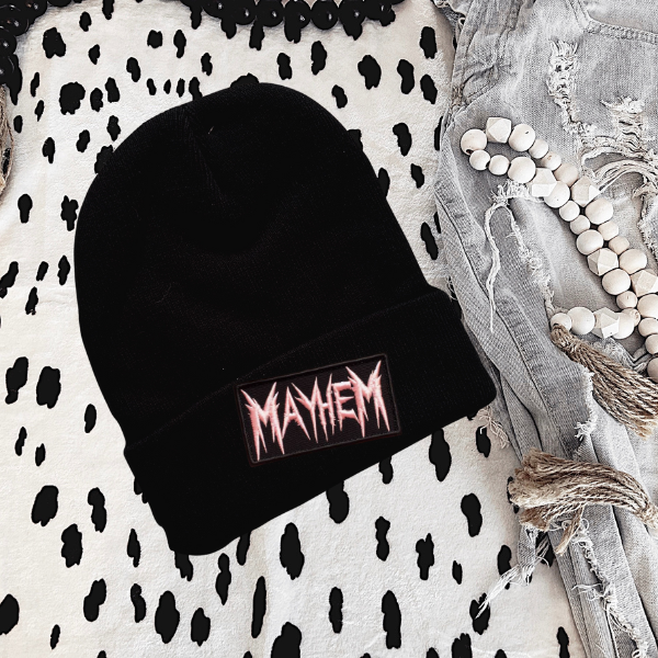 Mayhem (Pink Lettering) Faux Patch Black or Neon Pink Beanie