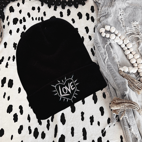 Love with Spikes Faux Patch Black or Neon Pink Beanie