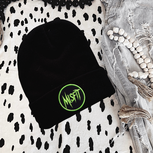 Misfit (Green Lettering)  Faux Patch Black or Neon Pink Beanie