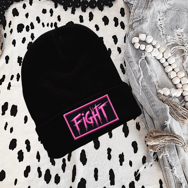 Fight (Pink Lettering) Faux Patch Black or Neon Pink Beanie