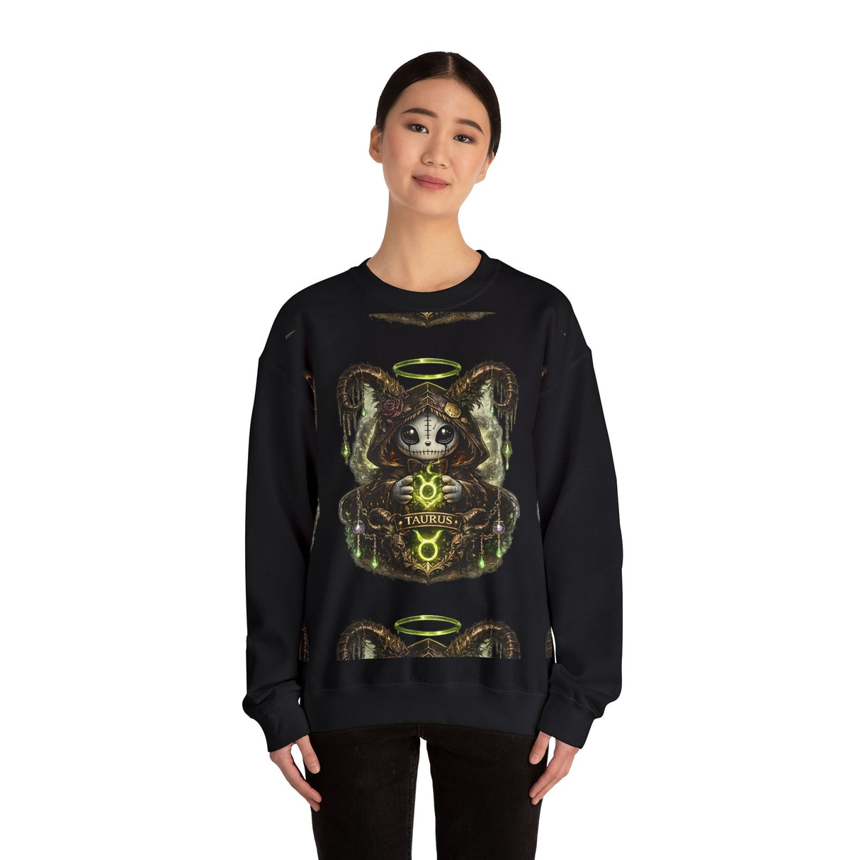 Taurus Dark Cute Goat Spirit Illustration Sweatshirt | Occult, Neon Green Zodiac