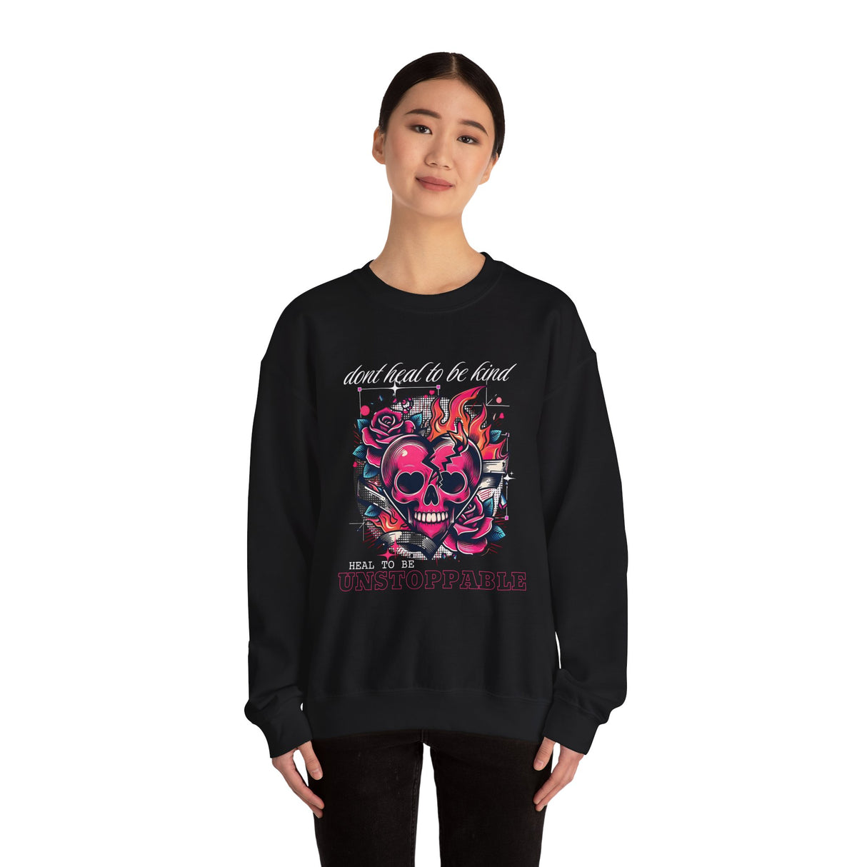 Skull Heart with Roses Crewneck Sweatshirt | Flaming Skull Graphic