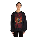 In Rock We Trust Skull with Flaming Wings Crewneck Sweatshirt | Rock Music Tee