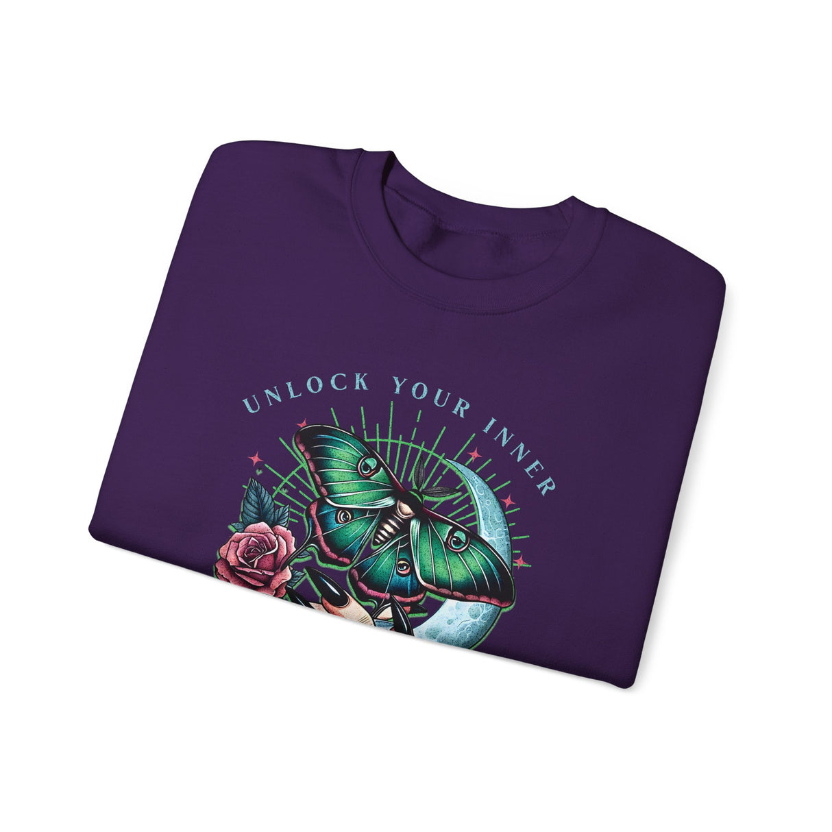 Unlock Your Inner Power crewneck sweatshirt | Moth, rose, moon illustration