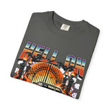 Hell on Wheels car graphic T-Shirt | vintage muscle car, gate and flames